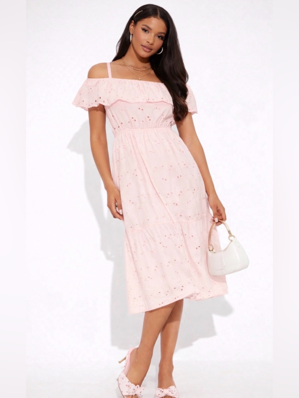 Off-Shoulder Eyelet Midi Dress in Light Pink